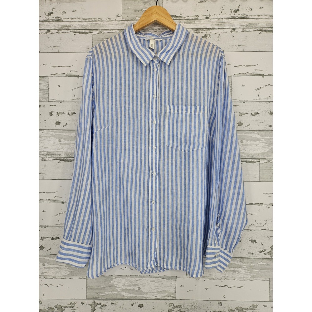 H M Womens XLarge Linen Shirt  Blue White Stripes Long Sleeve Button Up